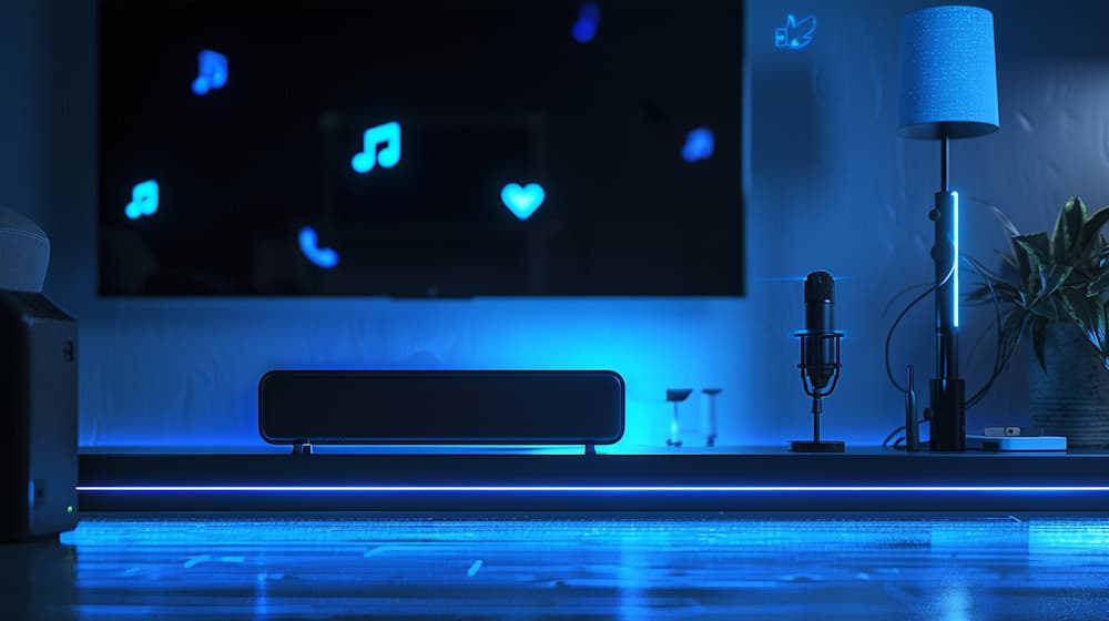 A_minimalist_workspace_setup_featuring_a_neon-blue_soundbar